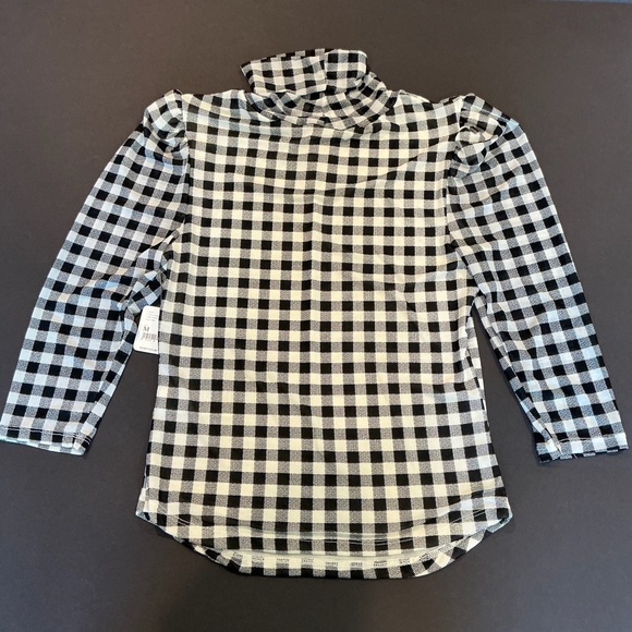 Free People Gather Turtleneck Top Black Combo Gingham Mesh Puff Sleeve M NWT - Picture 7 of 14
